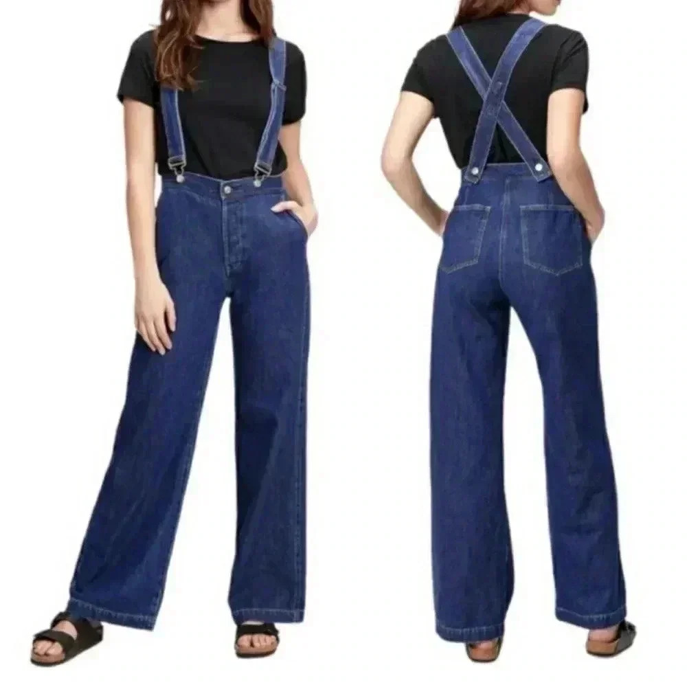GAP Wide-Leg Suspender Jeans With Washwell, Size 29/8T, Dark Wash